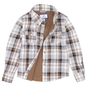 Brown and white plaid flannel shirt with lining.
