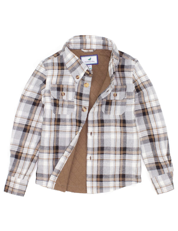 Brown and white plaid flannel shirt with lining.