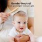 Parent brushing baby's hair, gender-neutral grooming kit.