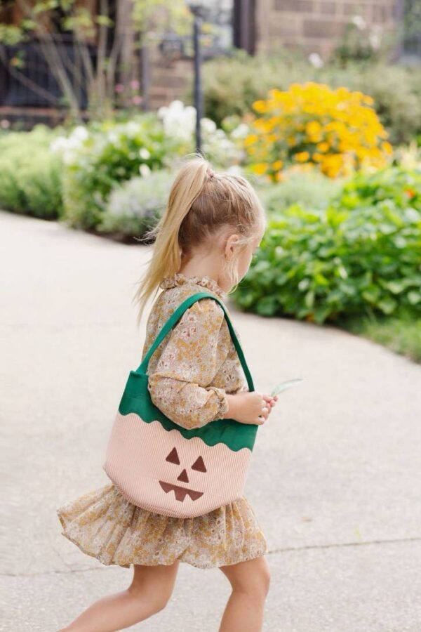 Child with pumpkin-themed bag in garden