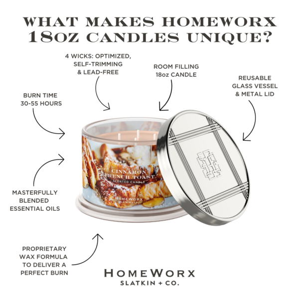 homeworx by slatkin + co. cinnamon french toast 4 wick candle HomeWorx cinnamon candle with unique features and packaging.
