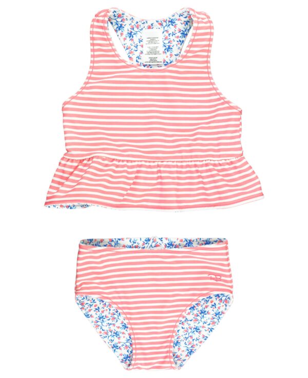 rufflebutts cottage tea time reversible peplum tankini Striped pink and floral girl's swimsuit set.