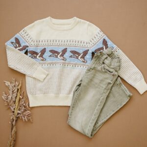 Sweater with bird design and jeans on display.