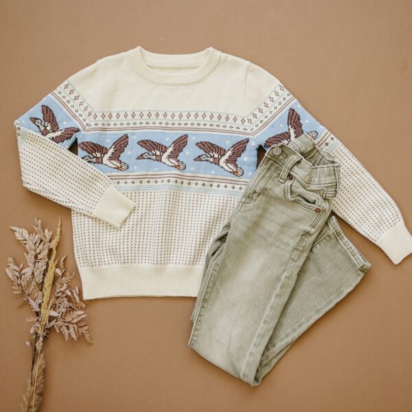 Sweater with bird design and jeans on display.