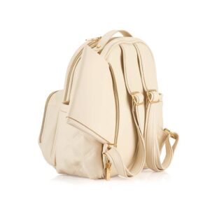 Cream leather backpack with gold zippers and straps.