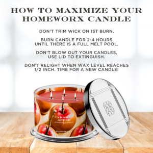 Candle care instructions with caramel apple scented candle.