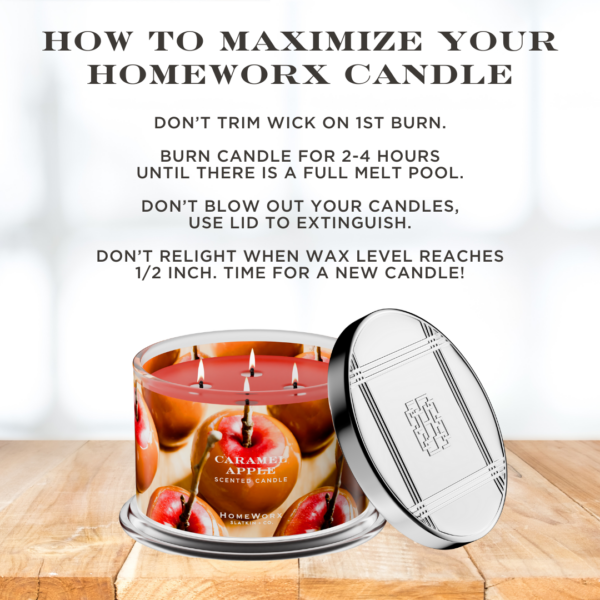 Candle care instructions with caramel apple scented candle.