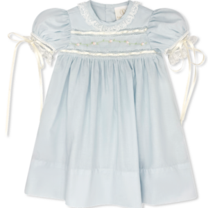 Lullaby Set - Tiny Town Dress - Blessings Blue Batiste Floral Embroidery Heirloom Piece