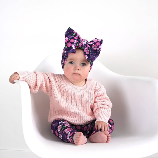 gigi and max mila leggings and sweater set Baby wearing floral bow and pink sweater