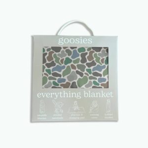 Goosies everything blanket packaging with multicolor pattern.