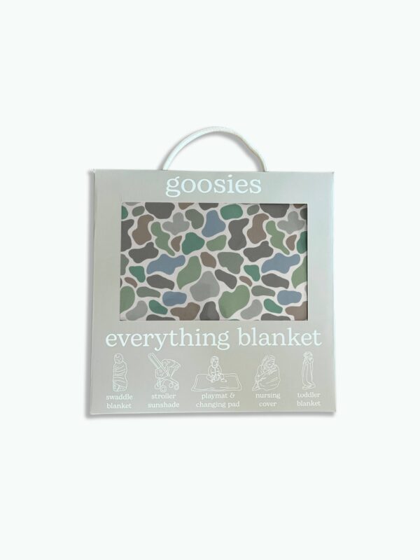 Goosies everything blanket packaging with multicolor pattern.