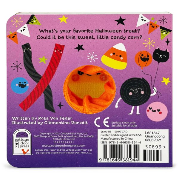 cottage door press candy corn halloween lift a flap finger puppet board book Colorful Halloween-themed book cover with candy illustrations.