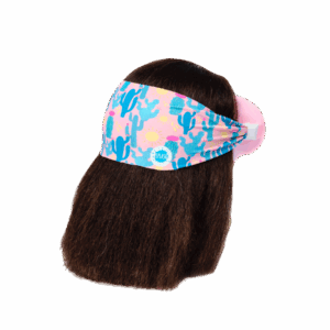 Colorful headband with cactus design on mannequin hair.