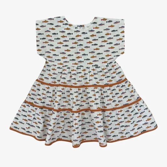velvet fawn alice dress tropicana tango Children's dress with fish print pattern.