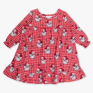 Red checkered dress with Santa Claus pattern.