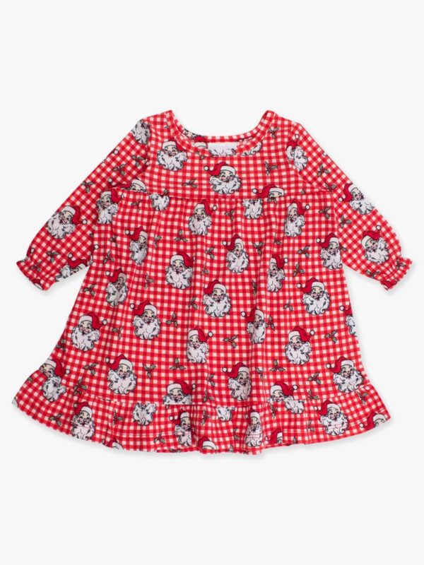Red checkered dress with Santa Claus pattern.
