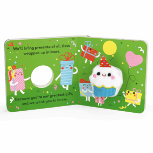 Colorful gift-themed children's book illustration.