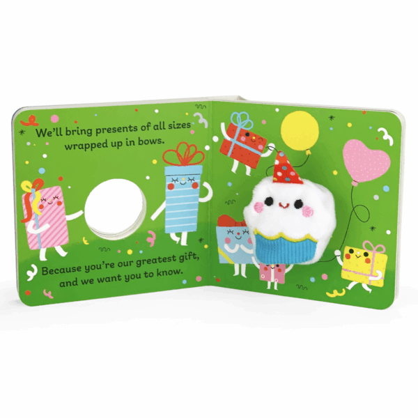 Colorful gift-themed children's book illustration.