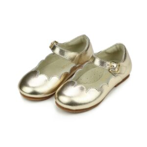 Gold toddler Mary Jane shoes with buckle closure.