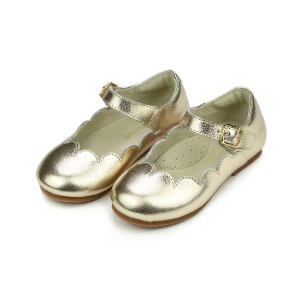 Gold toddler Mary Jane shoes with buckle closure.