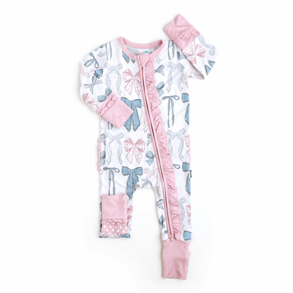 gigi and max samantha bows ruffle zip bamboo sleeplies little outfit Baby sleeper with pink and blue bow patterns