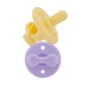 Yellow and purple pacifiers with bow decoration.
