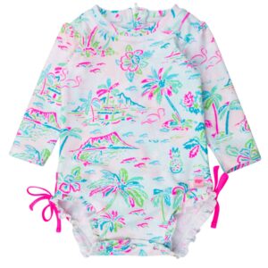 Colorful floral long-sleeve baby romper with tropical design.