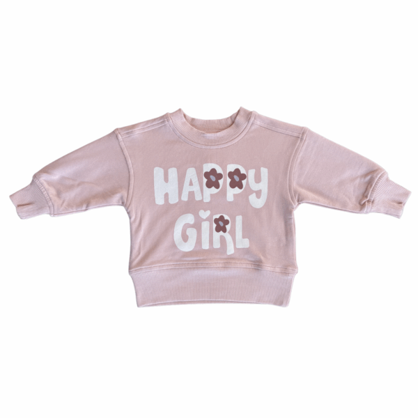 babysprouts clothing company boxy sweatshirt bamboo Pink sweatshirt with 'Happy Girl' design