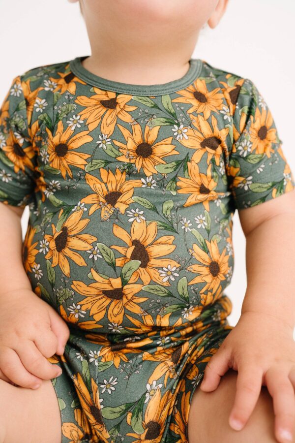 little one shop sunflower meadow bamboo shorts set Baby wearing floral sunflower patterned outfit