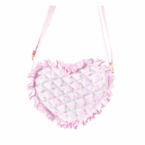 Heart-shaped pink bag with floral pattern and ruffles.