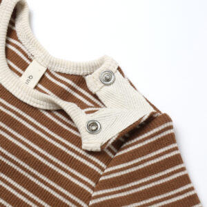 Brown and white striped baby sweater with buttons.