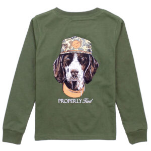 Green shirt with dog wearing camo hat.