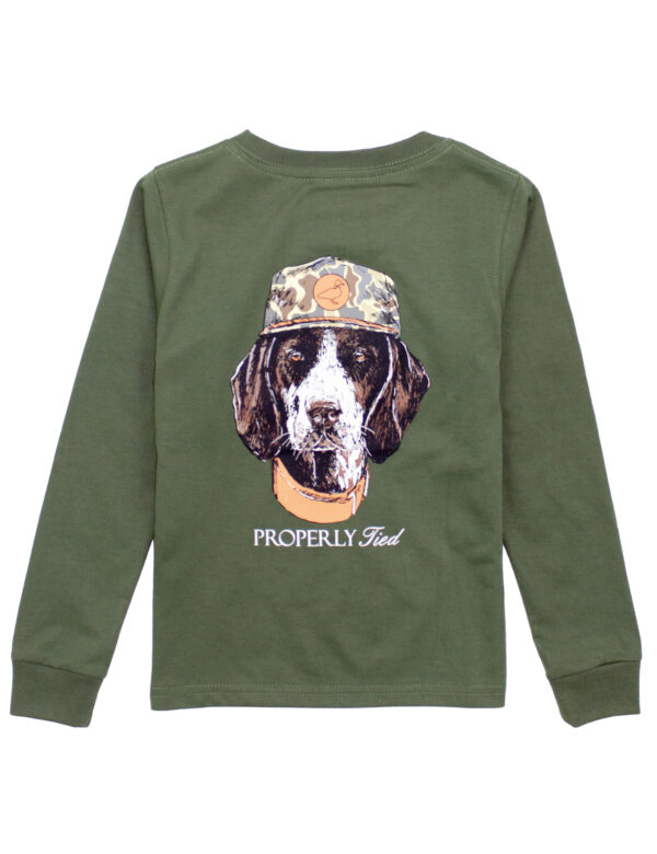 Green shirt with dog wearing camo hat.