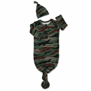 Camo baby sleep gown and matching hat set.