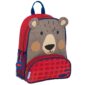 Bear-themed children's backpack, red and gray, side pocket.