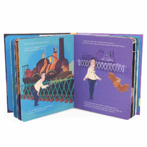 Illustrated children's book with officer and train scene.