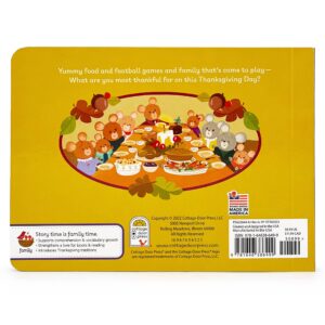 Illustration of animals around a Thanksgiving dinner table.