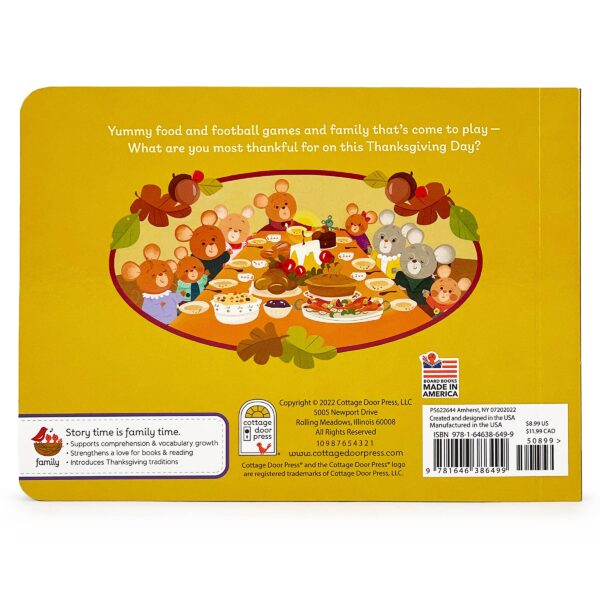 cottage door press thankful thanksgiving board book Illustration of animals around a Thanksgiving dinner table.