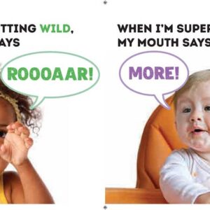 Children expressing emotions with playful text bubbles.