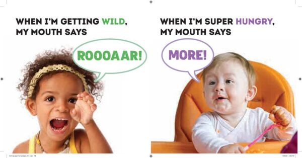 Children expressing emotions with playful text bubbles.