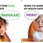 Children expressing emotions with playful text bubbles.
