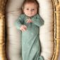 Baby in a cozy basket, wearing green onesie.