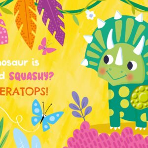 Playful triceratops with colorful background and text.