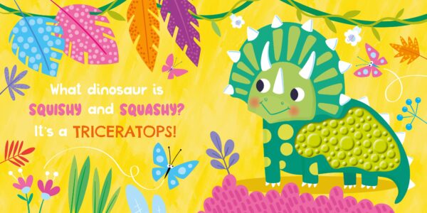 Playful triceratops with colorful background and text.