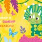 Playful triceratops with colorful background and text.