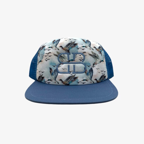 Blue cap with bird design embroidery