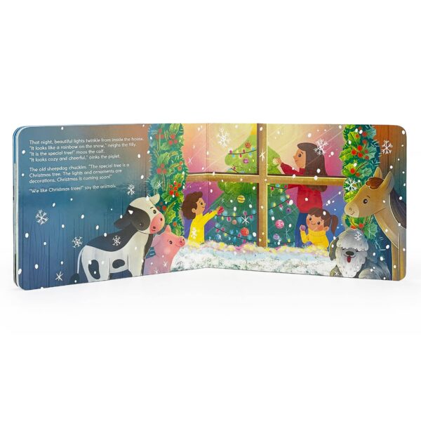 cottage door press first christmas on the farm holiday board book Children and animals admire decorated Christmas tree through window.