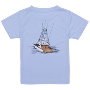 Light blue shirt with boat illustration.