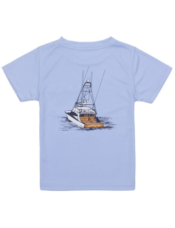 properly tied deep water sportsman shirt Light blue shirt with boat illustration.