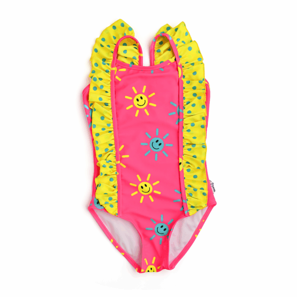 gigi and max brittany smiley face tank one piece swimsuit Pink ruffled swimsuit with sun print design